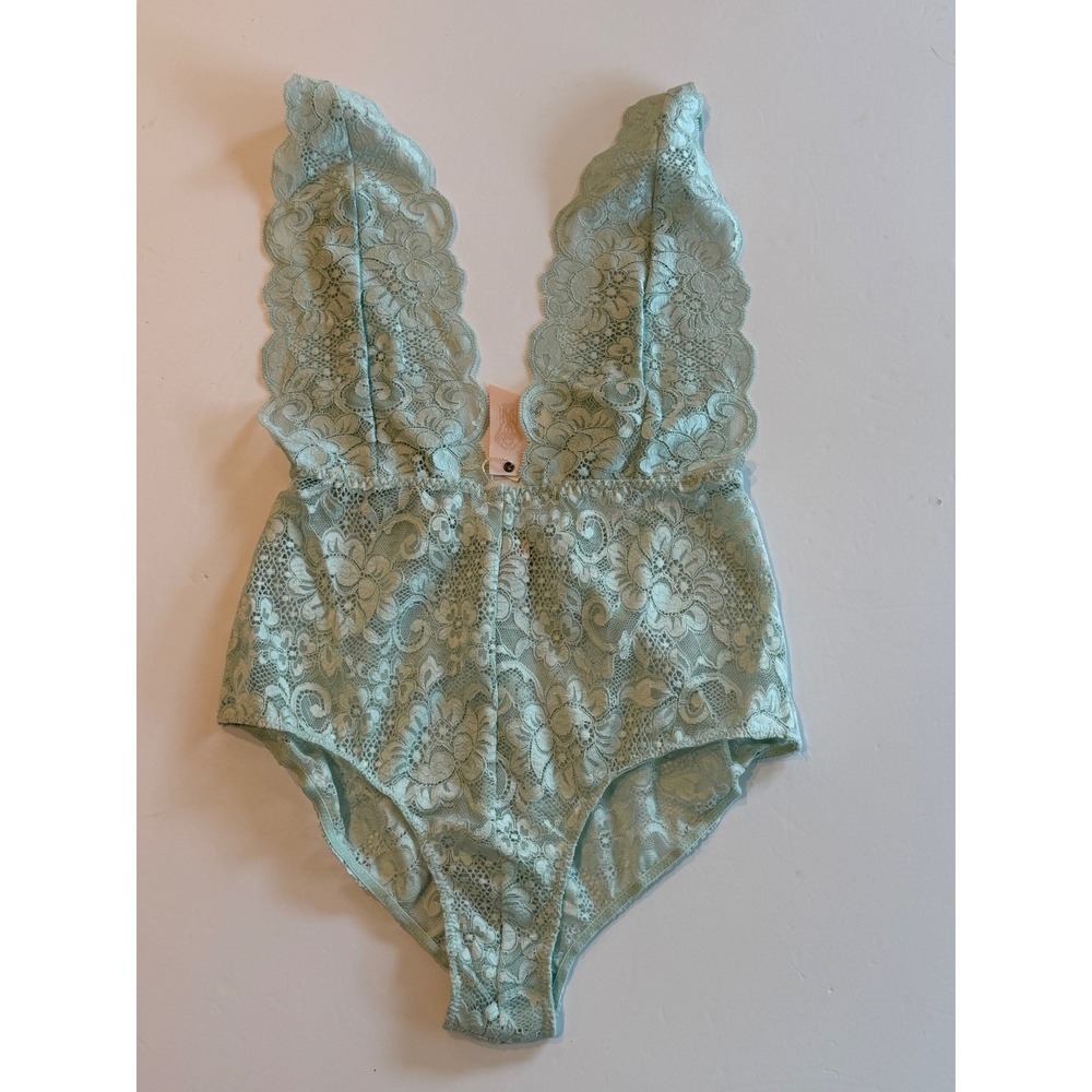 HAH Hot As Hell Mint Green Floral Lace Plunging V-Neck Bodysuit XS NEW